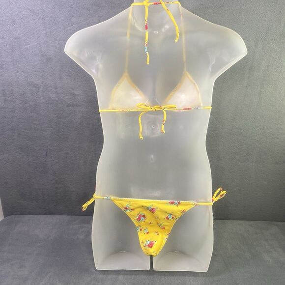 AGUA DOCE Brazilian 2-pc Bikini Size Large Yellow Flowers Lace Trim Hip Tie - Picture 9 of 9